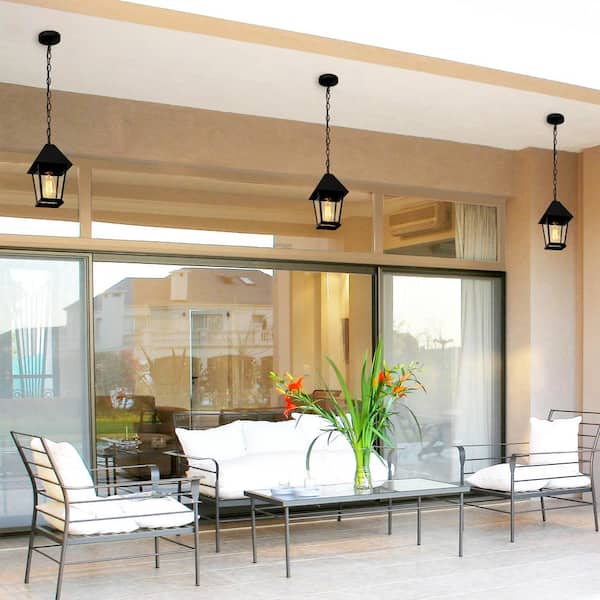 Modern Farmhouse Black Metal Outdoor Hanging Lights, 1-Light Classic Outdoor Pendant Light with Seeded Glass Shade