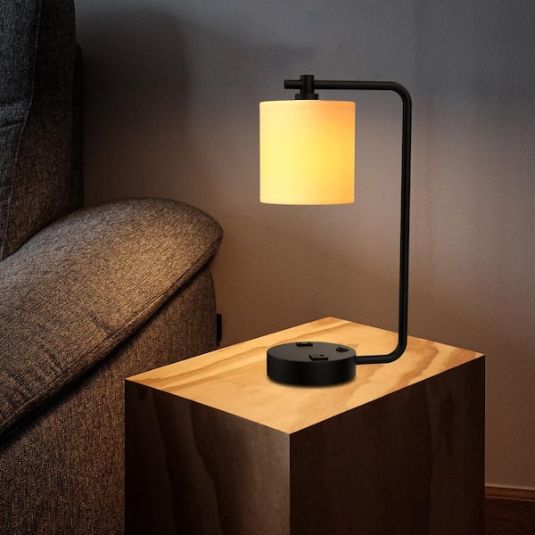 19 in. 2 USB Table Lamp with 2 outlets , White Fabric Shade