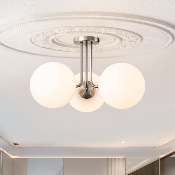 Lueck 22 in. 3-Light Modern Sputnik Nickel Semi Flush Mount with Globe White Glass