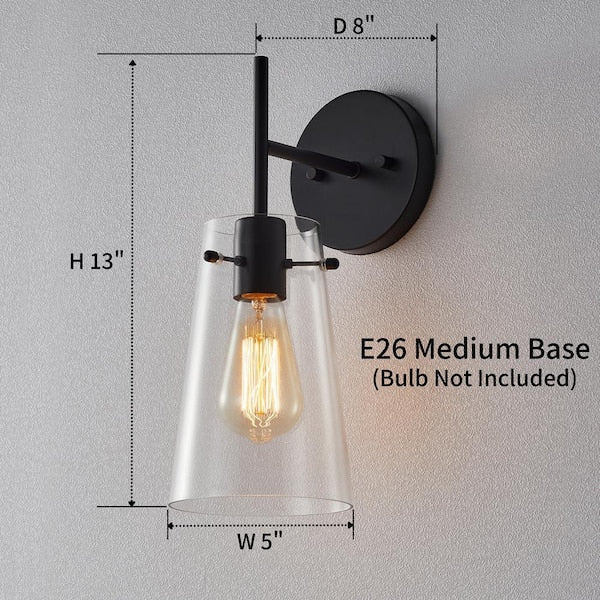 1-Light Blackened Bronze Armed Wall Sconce with Clear Glass Shade