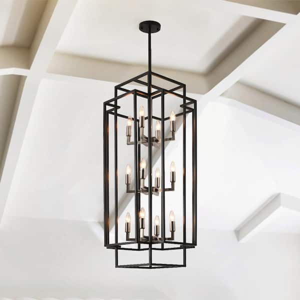 12-Light Black Antique Nickel Lantern Tiered Foyer Hanging Ceiling Chandelier for Dining Room Living Room