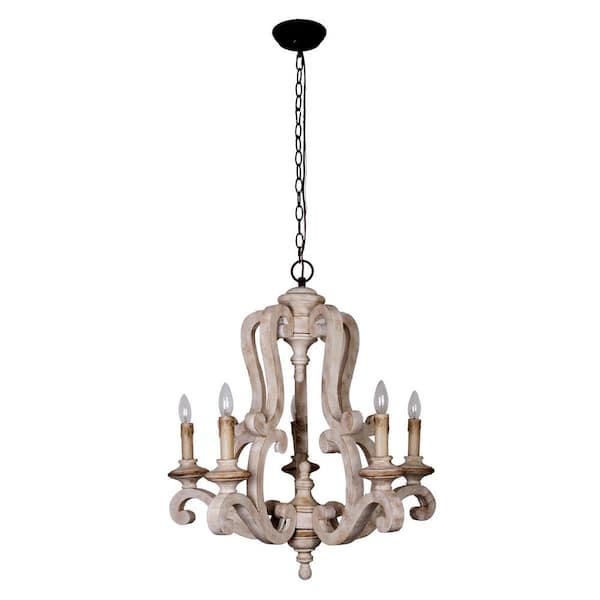 Bella 5-Light Antique Distressed Wood Empire Farmhouse Candlestick Chandelier