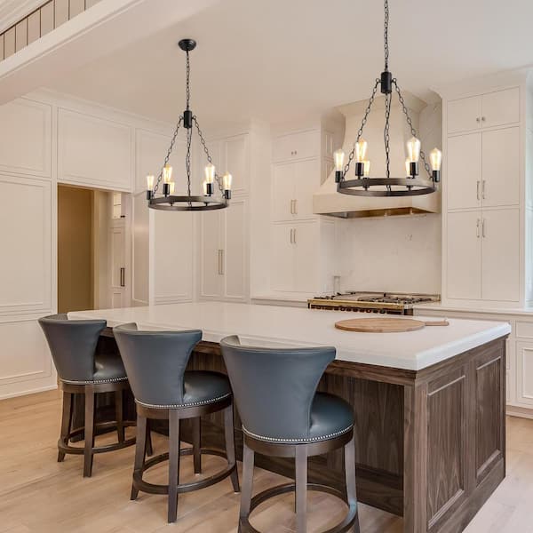 Sombre 6-Light Black Modern Farmhouse Wagon Wheel Chandelier with Brushed Brown Faux Wood Accent for Kitchen Island