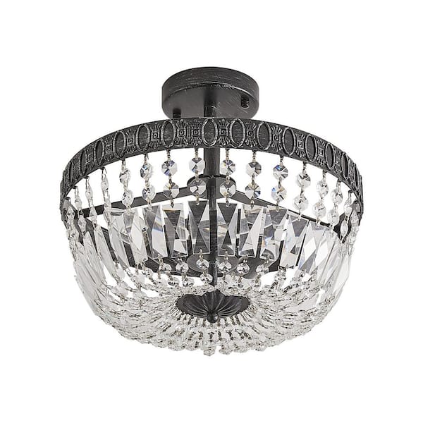 14 in. 3-Light Brushed Black Semi Flush Mount Crystal Chandelier Ceiling Light Fixture, No Bulbs Included