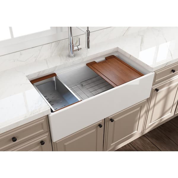 Step-Rim White Fireclay 36 in. Single Bowl Farmhouse Apron Front Workstation Kitchen Sink with Accessories