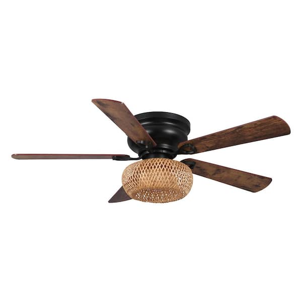 48 in. Farmhouse Bamboo Flush Mount Matte Black Ceiling Fan with Remote Control and Light Kit
