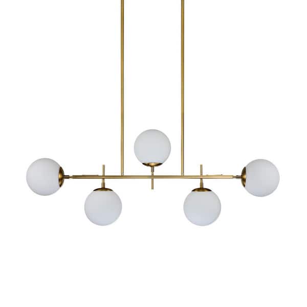 Deerfield 5-Light Brass Kitchen Island Chandelier with Milk Globe Glass Shade