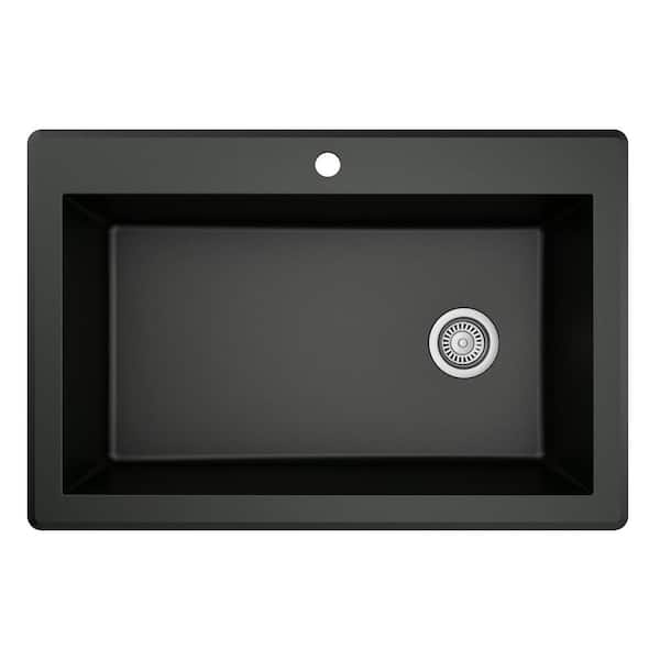 Drop-In Quartz Composite 33 in. 1-Hole Single Bowl Kitchen Sink in Black
