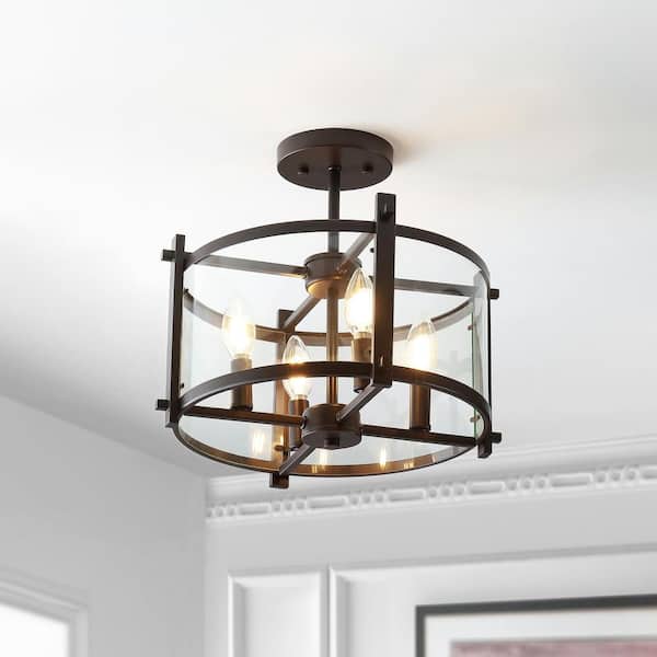 Hampdon 15 in. Oil Rubbed Bronze Iron/Glass Modern Drum LED Flush Mount