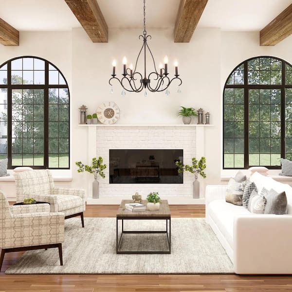 28 in. 6-Light Rusted Bronze Classic Candlestick Chandelier with Crystal Drops Modern Farmhouse Island Pendant