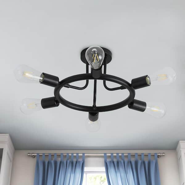 Modern 26 in. 6-Lights Black Sputnik Linear Semi-Flush Mount Ceiling Light Fixture