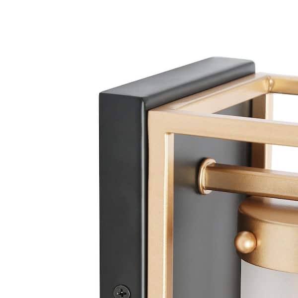 1-Light Dark Gold Modern Wall Sconce, Frosted Glass Black Wall Light, Farmhouse Tube-Shaped Bathroom Vanity Light