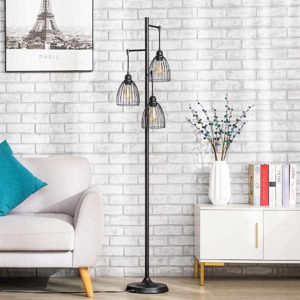 67 in. 3-Light Black Industrial Floor Lamp with Hanging Cage Shades