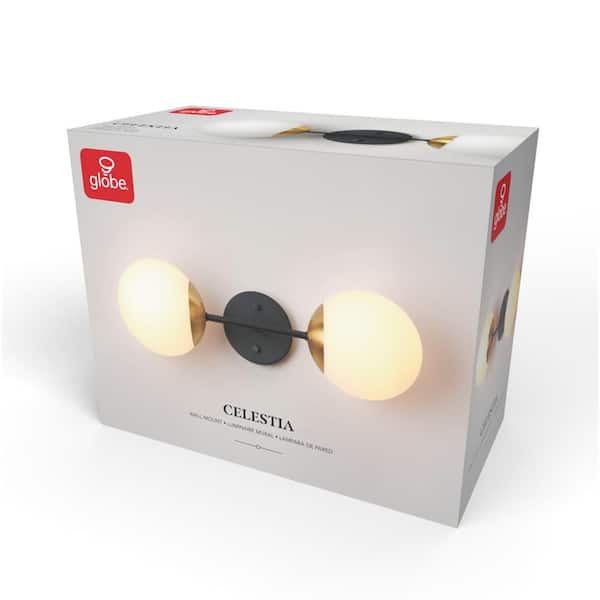 Celestia 2-Light Matte Black Wall Sconce with Antique Brass Socket and Matte Opal Glass Shades