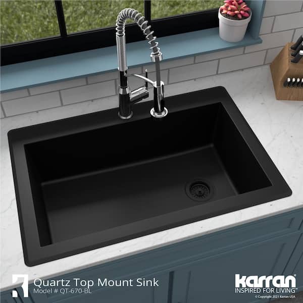 Drop-In Quartz Composite 33 in. 1-Hole Single Bowl Kitchen Sink in Black