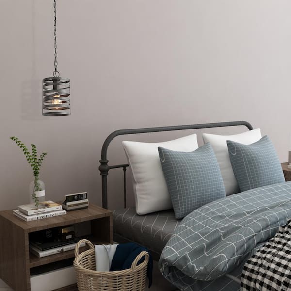 Brushed Gray Modern 1-Light Pendant Drum Cage Kitchen Island High Ceiling Light