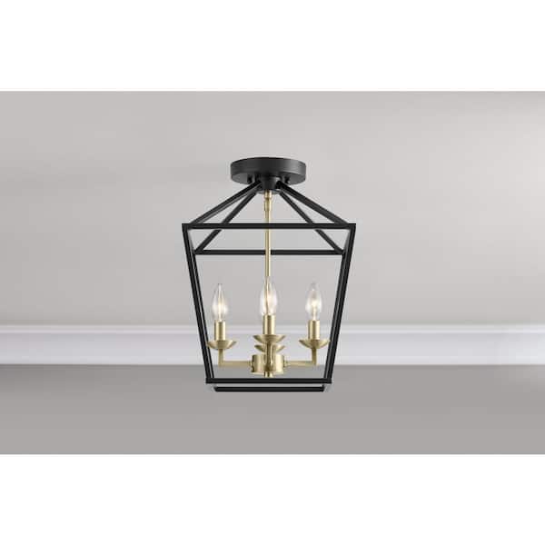 Weyburn 16.5 in. 4-Light Black and Gold Farmhouse Semi-Flush Mount Ceiling Light Fixture with Caged Metal Shade