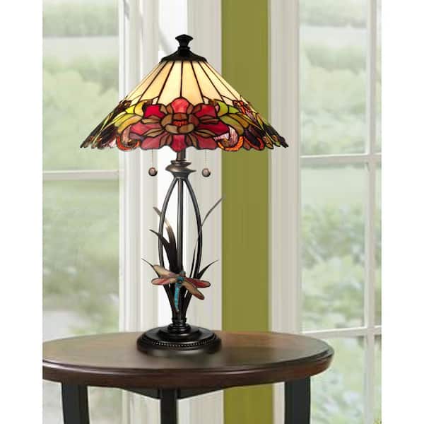 25 in. Floral Art Glass Table Lamp with Dragongly Base
