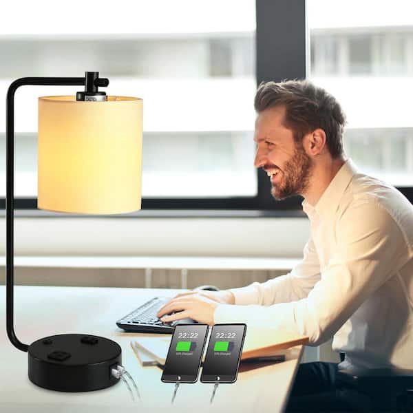 19 in. 2 USB Table Lamp with 2 outlets , White Fabric Shade