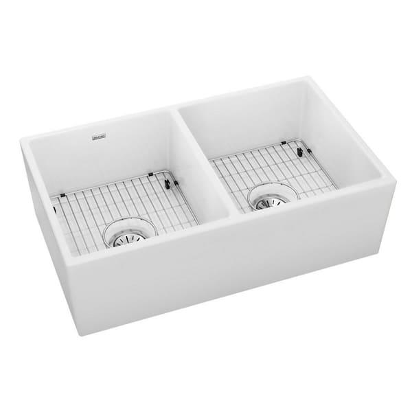 White Fireclay 33 in. Double Bowl Farmhouse Apron Kitchen Sink Kit