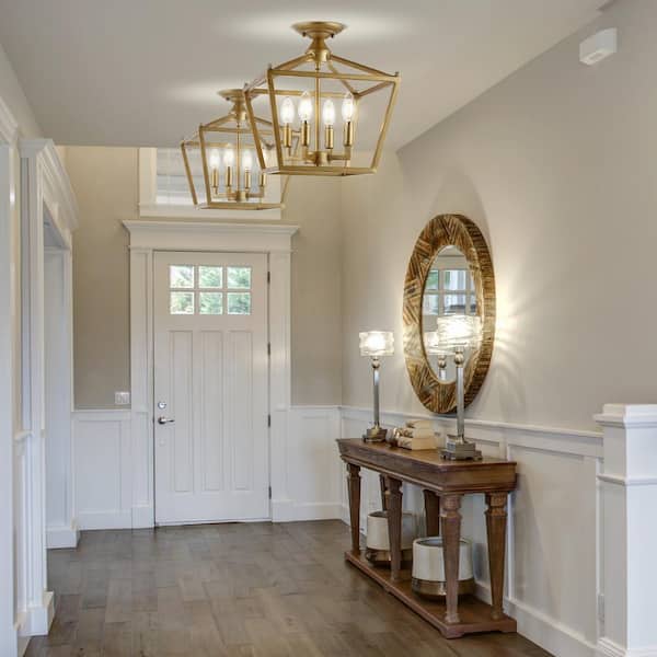 Plains Mini Lantern 12 in. 4-Light Brass Gold Iron Modern Farmhouse LED Flush Mount,