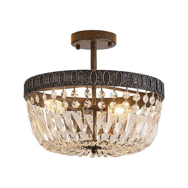14 in. 3-Light Brushed Black Semi Flush Mount Crystal Chandelier Ceiling Light Fixture, No Bulbs Included