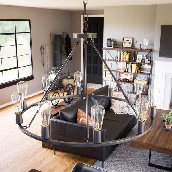 Stratton 10-Light Black Wagon Wheel, Industrial Farmhouse Dining Room Chandelier with Bulbs Included