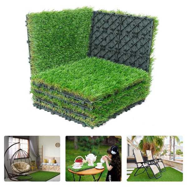 1 ft. x 1 ft. Green Artificial Grass Turf Tiles, Self-Draining Interlocking Faux Grass Pet Turf, Tile, Covers 6 sq. ft.