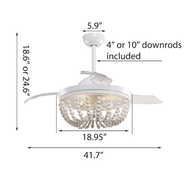 Huang 42 in. Wooden Beads Retractable 3-Blade White Ceiling Fan Chandelier with Remote Control and Light Kit
