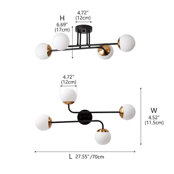 28 in. Modern 4-Light Black Semi Flush Mount Industrial Black and Gold Sputnik Chandelier