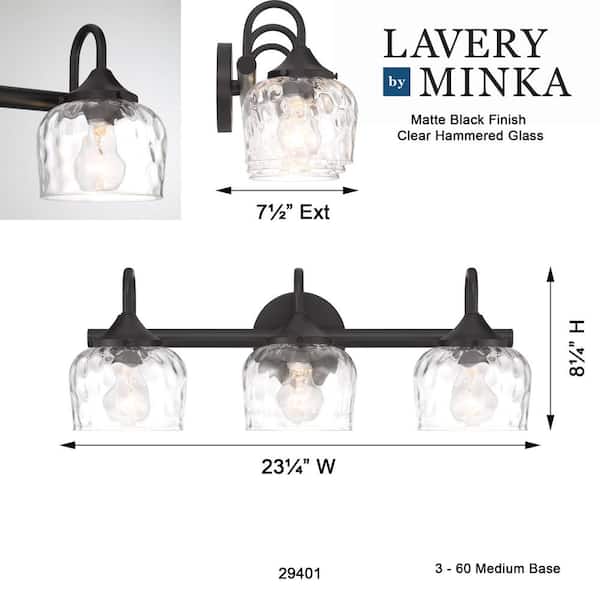 23.25 in. 3-Light Matte Black Vanity Light with Clear Hammered Glass, No Bulbs Included