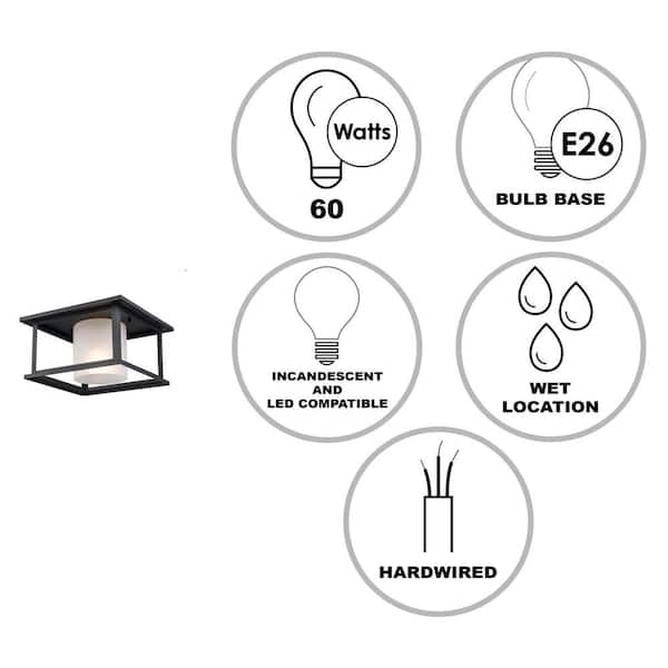 Shaakar 1-Light Black Outdoor Flush Mount Ceiling Light Fixture with Frosted Glass