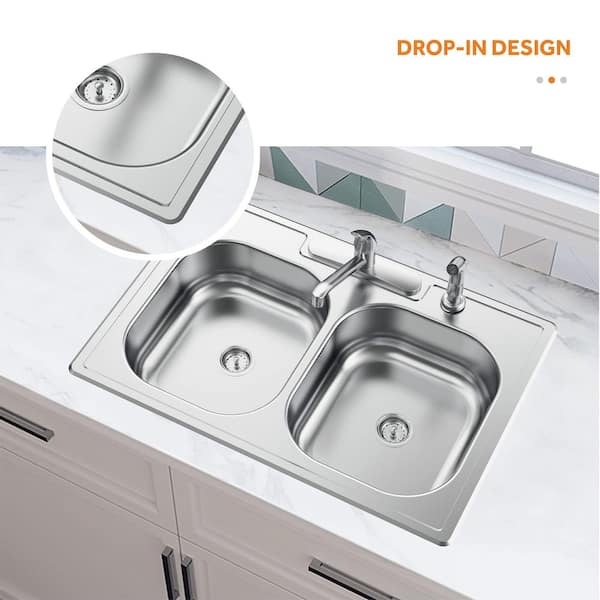 All-in-One Drop-In Stainless Steel 33 in. 4-Hole 50/50 Double Bowl Kitchen Sink with Faucet and Sprayer