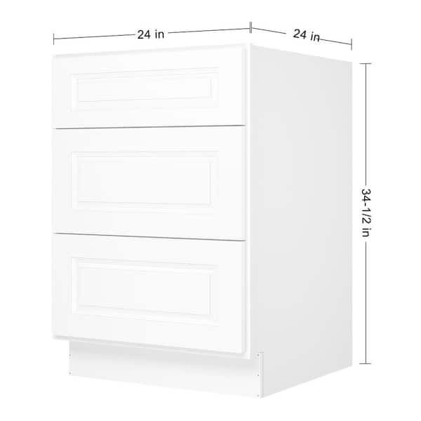 24 in. Wx24 in. Dx34.5 in. H in Raised Panel White Plywood Ready to Assemble Drawer Base Kitchen Cabinet with 3 Drawers