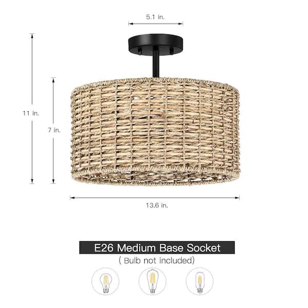 Seymour 13.6 in. 2-Light Black Canopy Rattan Drum Semi-Flush Mount Ceiling Light with Black Canopy