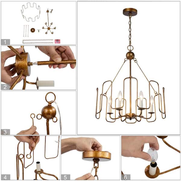 Antique Gold Dining Room Chandelier, 6-Light Modern Farmhouse Bedroom Ceiling Chandelier Light Fixture