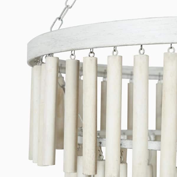 Modern 18.5 in. 3-Light Antique White Wooden Chandelier, Coastal Bedroom Chandelier, Farmhouse Hanging Pendant Light