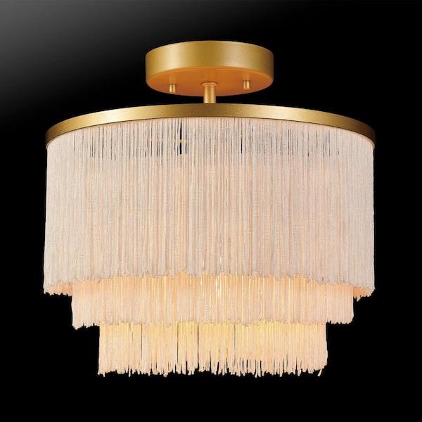 12 in. 1-Light Matte Gold Semi-Flush Mount Ceiling Light with White Fabric Fringe Shade