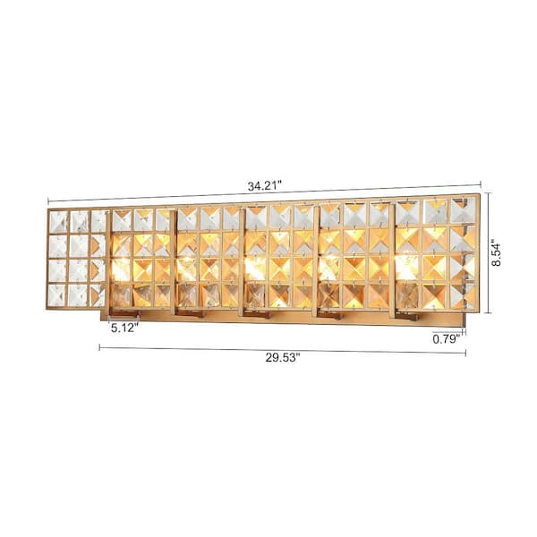 Modern Powder Bath Room Vanity Light, 34.2 in. 5-Light Gold Wall Sconce Light with Rectangle Crystal Shade