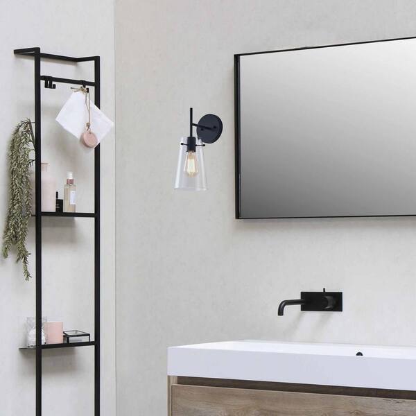 1-Light Blackened Bronze Armed Wall Sconce with Clear Glass Shade