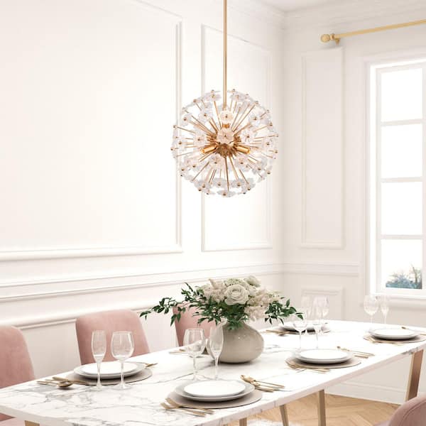 Modern Gold Sputnik Bedroom chandelier, 6-Light Dining Room Island Pendant Light Fixture with Flower Glasses