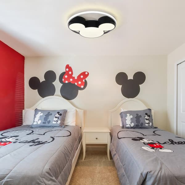 Lumin 20.47 in. 1-Light Black and White Smart LED Flush Mount with Remote Control and Mickey Mouse Shaded