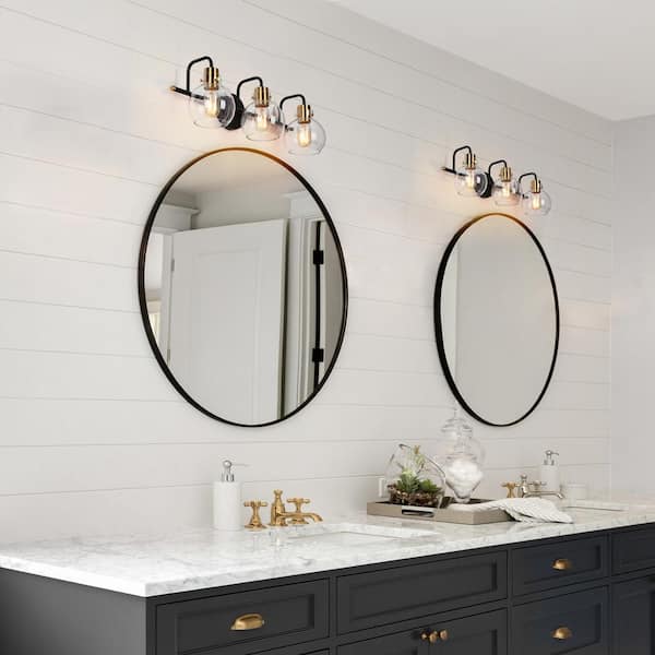 23 in. 3-Light Black Bathroom Vanity Light, Modern Polished Brass DIY Bath Light, Classic Globe Clear Glass Wall Sconce