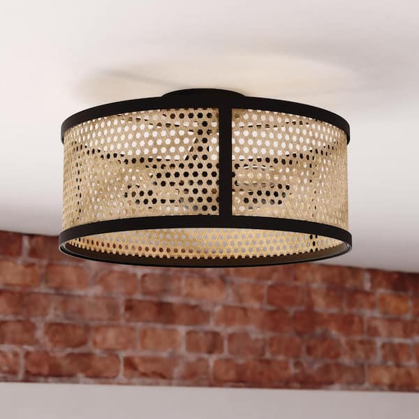 Berens 15.5 in. W Matte Black Modern Farmhouse Drum Semi Flush Mount Ceiling Light with Rattan Cane Shade