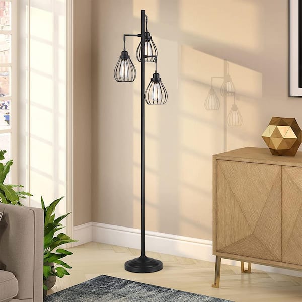 69 in. 3-Light Tree Floor Lamp with Hanging Steel Cage Shade and Matte Black