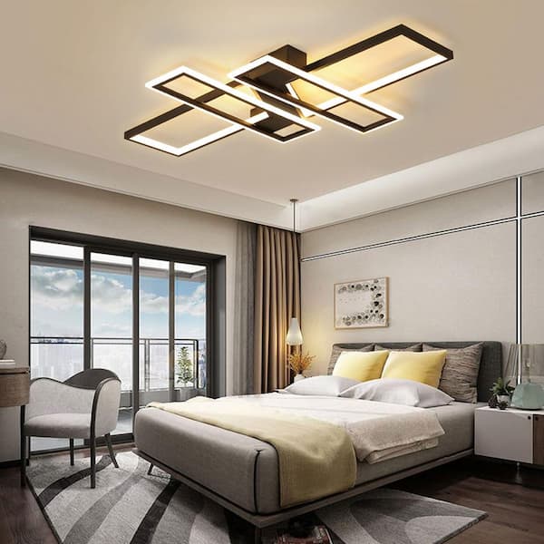35.4 in. 1-Light Black Modern Geometric Dimmable Selectable LED Semi-Flush Mount Ceiling Light with Remote