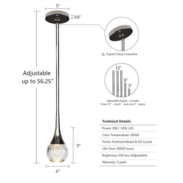75-Watt Integrated LED Polished Nickel Pendant Light with Clear K9 Crystal