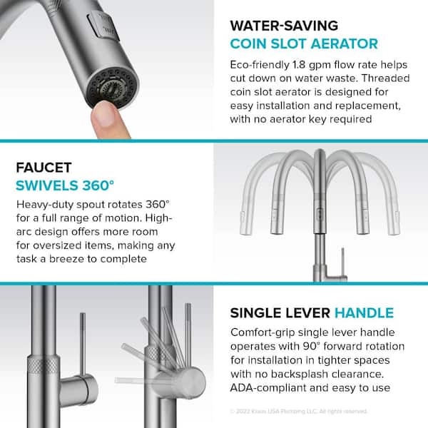 Oletto Modern Industrial Pull-Down Single Handle Kitchen Faucet in Spot Free Stainless Steel