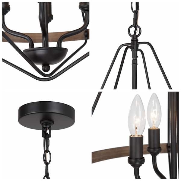 Modern Black Caged Chandelier 4-Light Brown Candlestick Rustic Foyer Chandelier Lamp with Faux Wood Accents