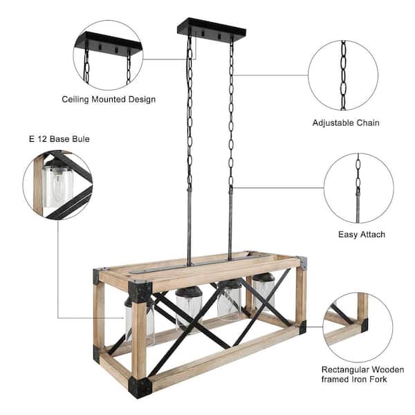 Farmhouse Wood Island Chandelier, Distressed Black Hanging Ceiling Light 4-Light Modern Pendant with Clear Glass Shades